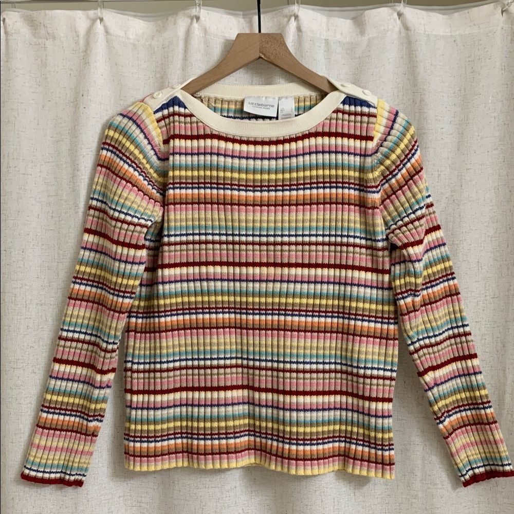 Liz Claiborne Vintage 90’s Colorful Striped Button Detail Scoop Neck Sweater L